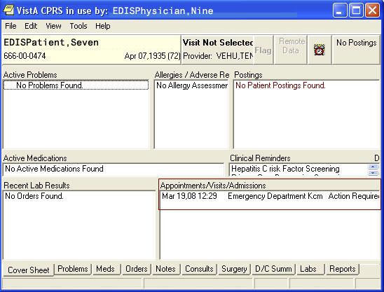 Screen capture: CPRS cover sheet displaying EDIS-created visit
