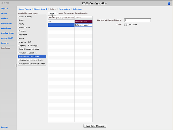 Screen capture: Configure view, Colors subview, Minutes for Lab Order selection