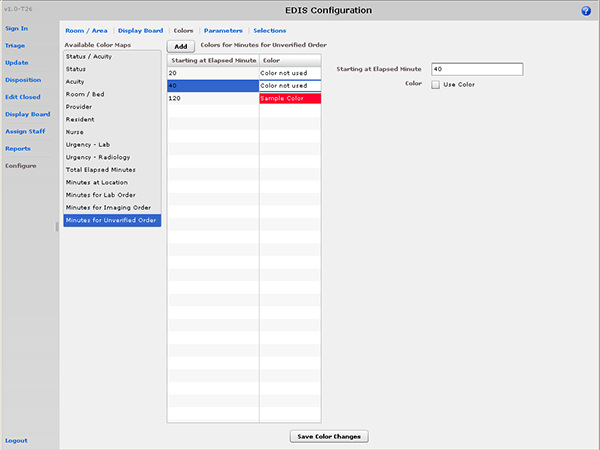 Screen capture: Configure view, Colors subview, Minutes for Unverified Order selection