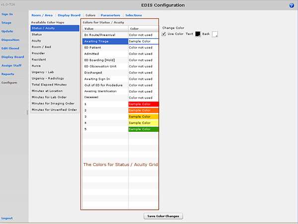 Screen capture: the Configure view, Colors subview, Status / Acuity selected