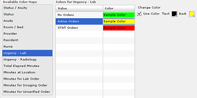 Screen capture: the Configure view, Colors subview, Colors for Urgency - Lab Values selected