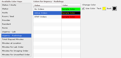 Screen capture: Configure view, Colors subview, Urgencey - Radiology values 
