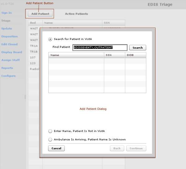 Screen capture: the Add Patient dialog, Triage view