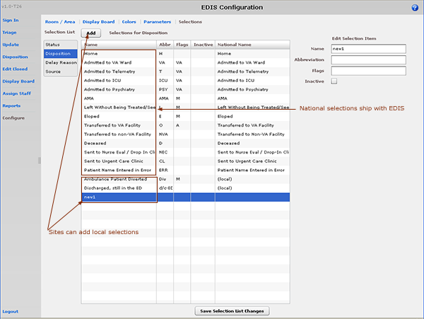 Screen capture: the Configure view, Selections subview