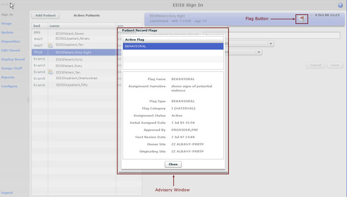 Screen Capture: patient-record-flag window with advisory message