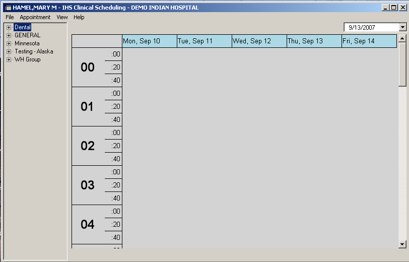 Initial view of the Clinical Scheduling application after logging in